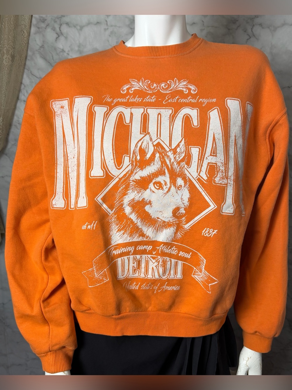 Michigan Pumpkin Orange Sweatshirt State Pride Wolf Vintage Look White Graphic S
